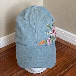 Embroidered Floral Denim Cap - Adjustable Sizes